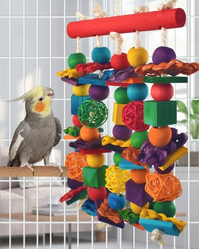 Vista 6 de DBNESS - Juguetes para pájaros, juguete masticable multicolor natural, bloques de madera natural, pájaros, loros, juguetes desgarradores con bolas
