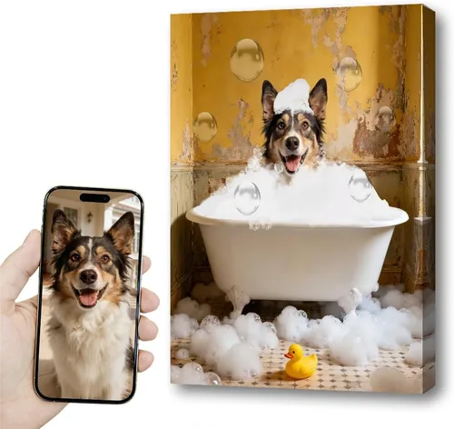 Vista 54 de kvtiwee retrato personalizado de mascota a partir de foto, arte de pared en lienzo de gato en el inodoro, arte de baño divertido en blanco y negro