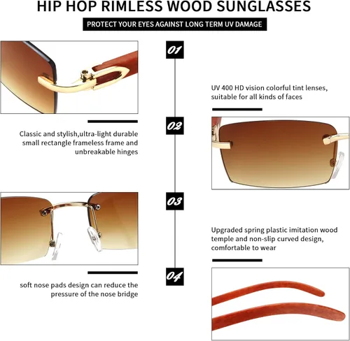 Vista 5 de Dollger Gafas de sol rectangulares sin montura para hombres y mujeres diseño de madera hip-hop pequeñas gafas de sol cuadradas sin marco de los años