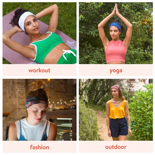 Vista 5 de BLOM - Diadema original (2 unidades) Diseño multiestilo de 6 pulgadas, para yoga, entrenamiento deportivo, correr. Turbante amplio anudado.