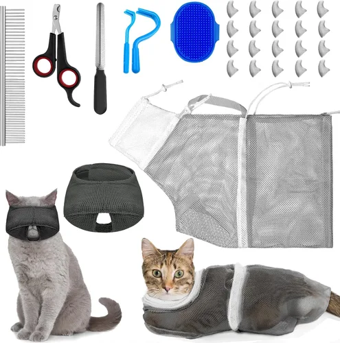 Vista 12 de Juego de 9 Piezas de Bolsa de Baño para Gatos, Bolsa de Ducha para Gatos Anti Mordeduras y Arañazos para Aseo de Mascotas, Cepillo de Lavado, Peine