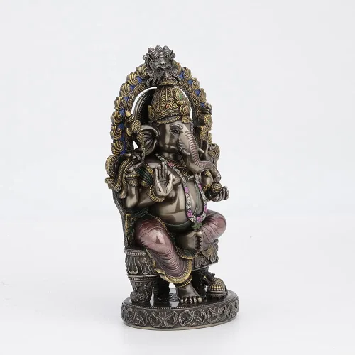 Vista 3 de Veronese Design 10 1/4 pulgadas de alto Lord Ganesha sentado en el trono con arco del templo elefante hindú Dios Fortuna Estatua de resina bronceada
