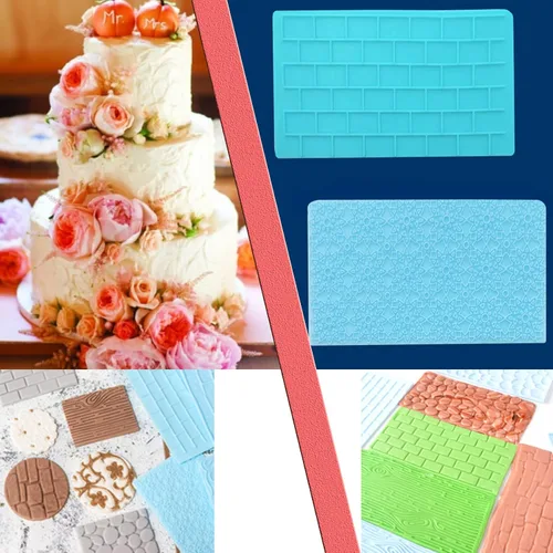 Vista 9 de Juego de 6 tapetes de impresión de fondant, juego de moldes para decoración de tartas, corteza de árbol en relieve, diseño de textura de flores