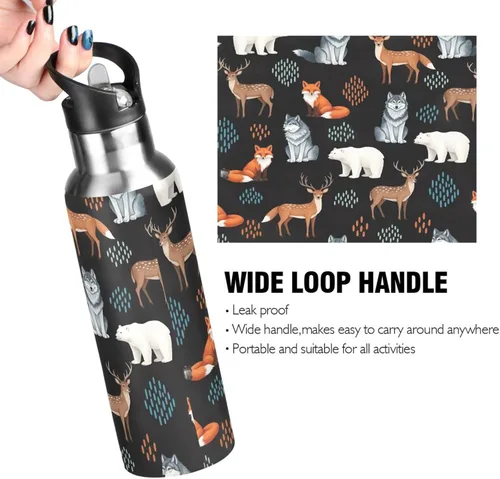 Vista 4 de Cute Animals Fox Wolf Bear Black Insulated Water Bottle 32 Oz, BPA-Free Sports Water Bottle Leakproof Water Bottles