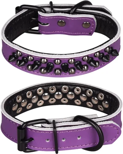 Vista 5 de Collar de perro con tachuelas, collar de perro de cuero genuino, collares ajustables para mascotas pequeñas o medianas (S, negro-1)