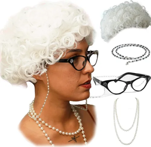 Vista 2 de Vibe - Conjunto de disfraz de peluca de anciana, peluca de cabello gris con collar de perlas, gafas, accesorios de cadena de vidrio, 5 piezas