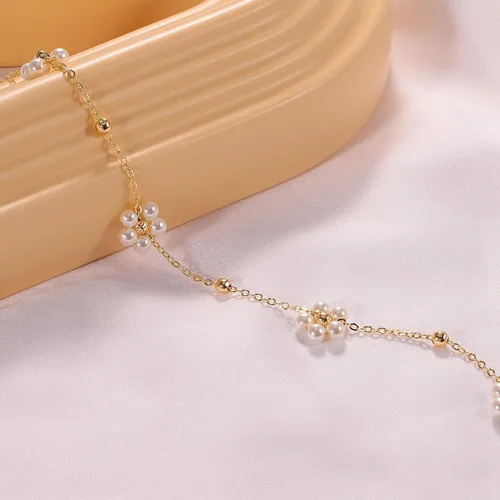 Vista 4 de Collar de perlas, collar de flores de perlas Lariat Collar de perlas de estación Neckalce Solitario Collar colgante de perlas de concha simulada