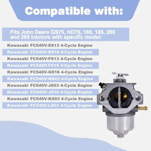 Vista 2 de Carburador 15003-2296 para tractores de cortacésped John Deere 180 185 260 265 GS75 HD75 para Kawasaki FC540V 17HP ciclo motor Asamblea Carb