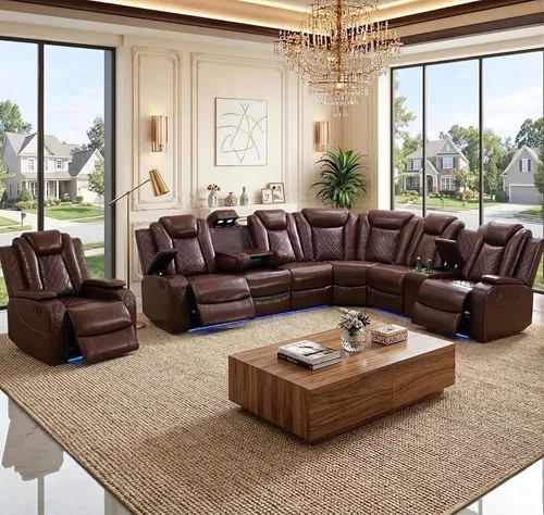 Vista 44 de Juego de sofá seccional reclinable de cuero, sofá seccional con 4 sillones reclinables Juegos de muebles de sala con 3 reclinables, luz LED