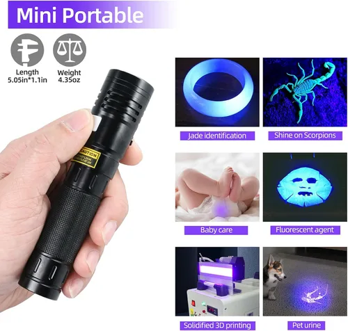 Vista 6 de DARKBEAM Linterna UV 395nm Luz Negra, 20W Alta Potencia 3 LEDs UV USB-C Recargable, Mini Lámpara Woods Ultravioleta con Gafas- Detector para Orina