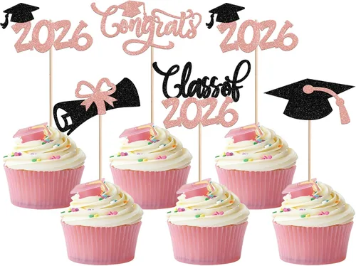 Vista 56 de 30 piezas de decoración para cupcakes de graduación para la clase de 2026 con purpurina brillante para el futuro diploma hecho 2026 Felicidades