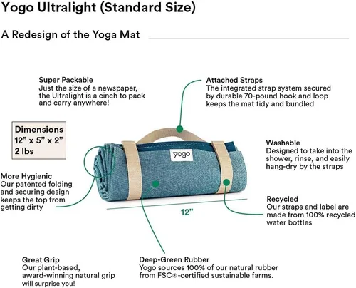 Vista 8 de Yogo Esterilla de Yoga de Viaje Plegable Ultraligera con Correas Incorporadas, Goma Vegetal Certificada FSC®, Agarre Adherente, Antideslizante, La