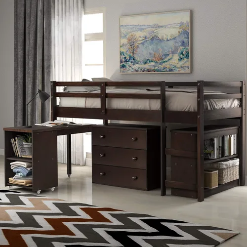 Vista 3 de Base de cama baja de madera con escritorio portátil rodante, cama alta individual con armario abierto y cajones, cama baja con estante para niños