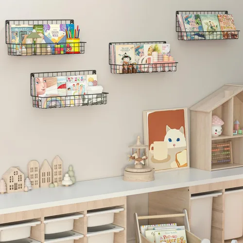 Vista 5 de X-cosrack Paquete de 4 estanterías de metal montadas en la pared, estantes flotantes para libros para niños, guardería, aula infantil, organizador