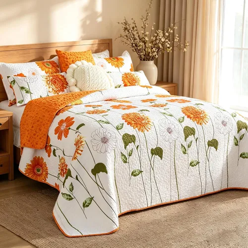 Vista 2 de EVENHUG Juego de Colcha de Algodón 100% Tamaño Twin Naranja Girasol Juego de Ropa de Cama Floral Colcha Ligera Reversible Cubrecama con 1 Funda