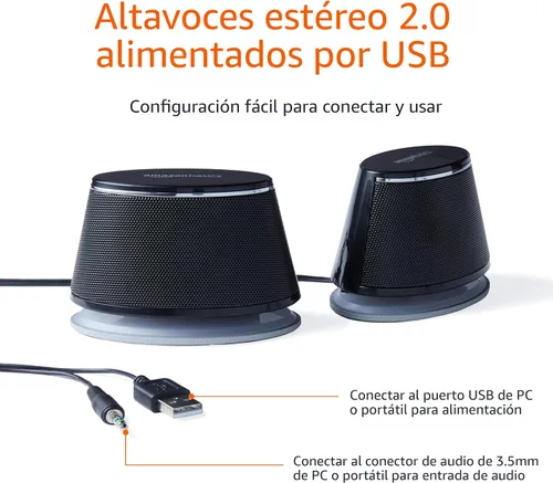 Vista 2 de Amazon Basics - Altavoces estéreo 2.0 para PC o laptop, entrada auxiliar de 3.5mm, alimentados por USB, 1 par, negro