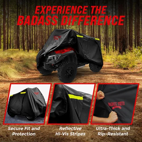 Vista 3 de Cubierta de protección para motocicleta de la marca Badass Motogear, con rayas reflectantes de seguridad nocturnas, escudos de calor