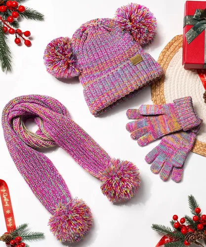 Vista 8 de Remifa Conjunto de bufanda y gorro de invierno para niños y niñas, con forro polar con pompón, bufanda larga, guantes cálidos
