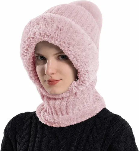 Vista 14 de Gorro de Invierno para Mujer de Una Pieza con Forro Polar Pasamontañas de Punto Conjunto con Bufanda Circular para Cuello Gorro de Esquí para Nieve