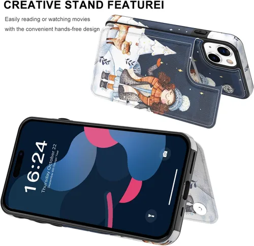 Vista 4 de LETO Funda tipo cartera para iPhone 15+ Plus, con función atril de piel con tapa, diseños de moda, tarjetero de crédito, funda protectora
