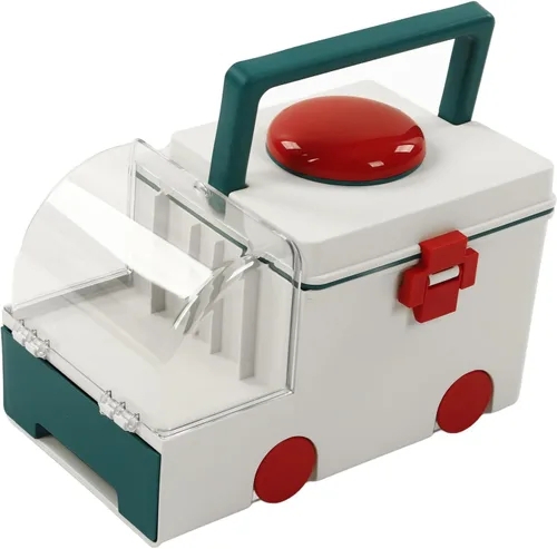 Vista 6 de Caja linda ambulancia forma doble capa gran capacidad caja de almacenamiento con mango portátil verde (verde)
