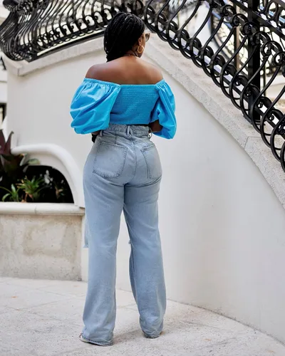 Vista 4 de The Drop tenickab - Top de manga abombada para mujer color azul cian