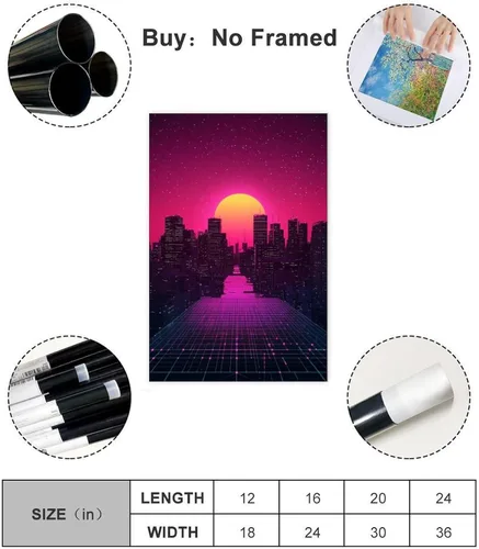 Vista 2 de Cyberpunk Minimal Wall Art – Retro Future Grid Skyline Canvas, Neon Tech Decor for Office Or Bedroom Poster Print for Teen Boys Room Wall Art Canvas