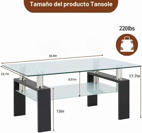 Vista 3 de Mesa de centro rectangular de vidrio de 39.4 pulgadas, mesa de centro negra con vidrio templado y patas de metal, mesa central moderna de 2 niveles