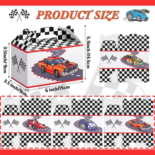 Vista 3 de 24 cajas de regalo de fiesta de autos de carreras con asa de bandera de carreras, cajas de golosinas para regalos de caramelos, ruedas a cuadros