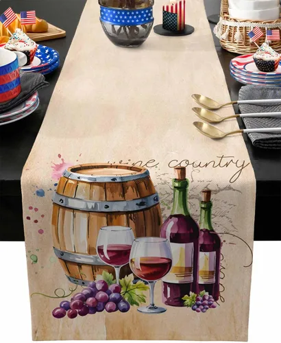 Vista 10 de Camino de mesa de otoño, caminos de mesa de vino y uva, cosecha, Acción de Gracias, vintage, barril de vino, de algodón, lino, bufanda, cocina, mesa