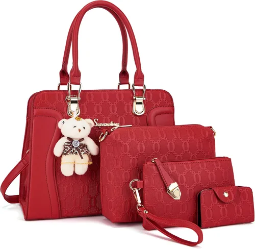 Vista 12 de Bolsos de mano de moda para mujer, bolsas tote, bolsas de hombro, bolsa con asa superior, cartera tipo satchel, juego de 4 piezas A-Negro