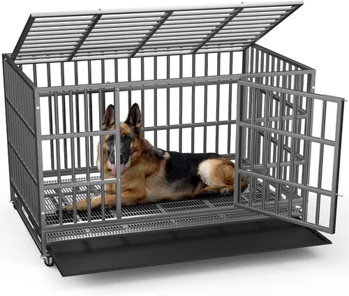Vista 18 de LEMBERI - Jaula para perro indestructible y resistente de 48/38 pulgadas, a prueba de escapes con ruedas bloqueables, doble puerta para evitar