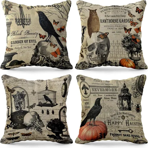 Vista 9 de KatchOn, Fundas de almohada vintage de Halloween de 18 x 18 pulgadas, paquete de 4 fundas de almohada de calavera Fundas de cojín de calabaza