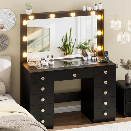 Vista 3 de DINGIPP Tocador de 42.1 pulgadas con espejo grande y 10 luces LED, escritorio de tocador con tope de cristal, 11 cajones con asas de cristal