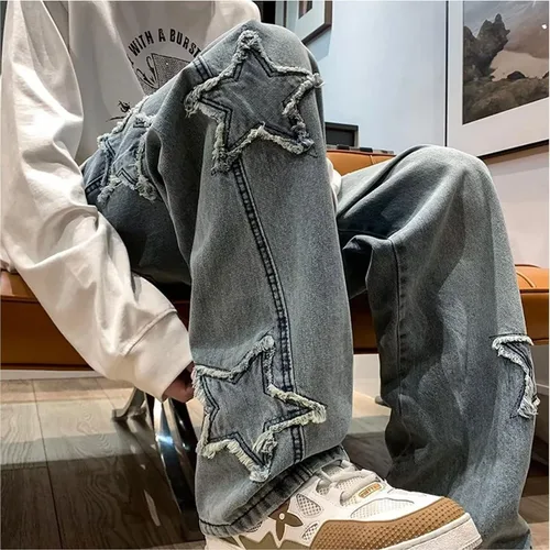 Vista 5 de Pantalones vaqueros Y2k para hombre, estilo hip hop, holgados, con estrellas, pantalones de mezclilla de pierna recta, pantalones deportivos