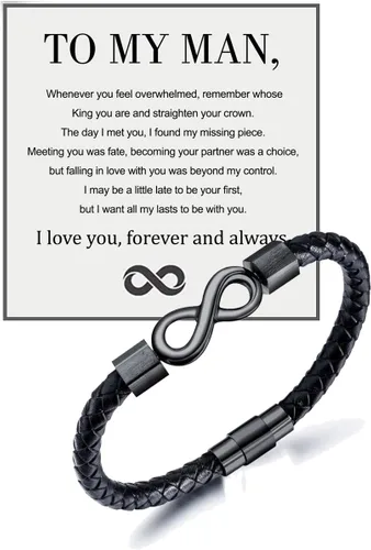 Vista 6 de LIU JUN Pulsera con texto en inglés «To My Man» para hombre, infinito de cuero trenzado para marido, regalos inspiradores de esposa "I Love You