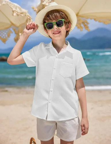 Vista 4 de COOFANDY Men Boys Linen Shirts Short Sleeve Button Down Shirts Hawaiian Tropical Shirts