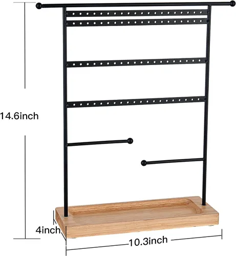 Vista 6 de Bielebbi Organizador de aretes, soporte para pendientes y soporte para joyas con soporte para collar de 4 niveles, bandeja de madera adecuada