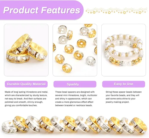 Vista 4 de Rondelle - Cuentas espaciadoras para hacer joyas, 600 cuentas espaciadoras de diamantes de imitación para pulseras, cuentas focales para bolígrafos
