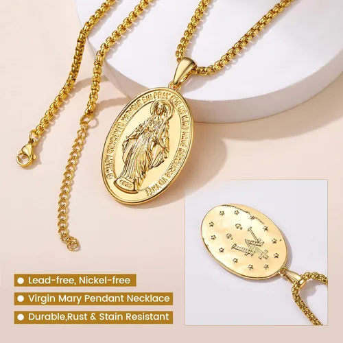 Vista 5 de GOLDCHIC JEWELRY Virgin Mary Miraculous Medal Necklace, Our Lady of Graces Guadalupe Pendant with Filigree Border