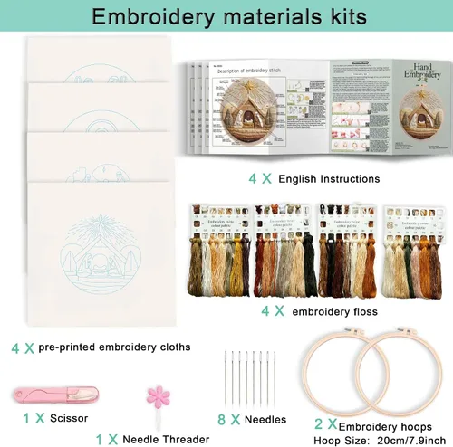 Vista 2 de REEWISLY Kit de bordado navideño para adultos principiantes, 4 belenes con 2 aros, kits de punto de cruz contado con hilo dental y agujas, kit