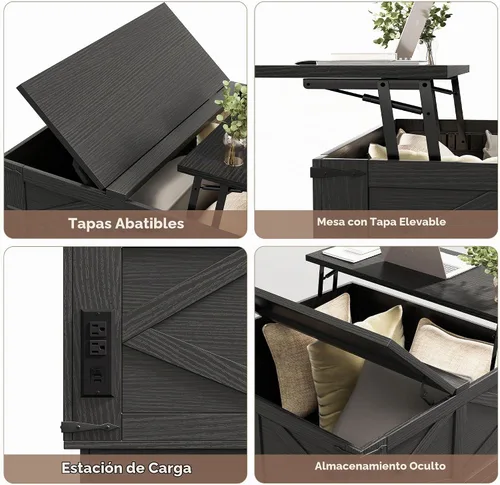 Vista 7 de Jocoevol Mesa auxiliar con tapa elevable, mesa central cuadrada de madera con iluminación LED, estación de carga USB-C y compartimento
