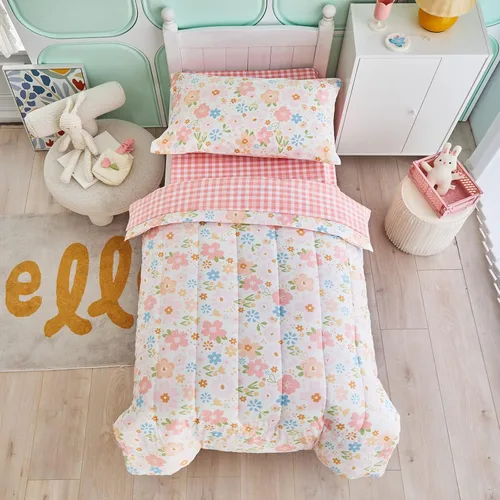 Vista 3 de Joyreap Juego de ropa de cama de algodón de 4 piezas para niñas, diseño de flores rosas, juego de edredón de algodón suave y transpirable, incluye
