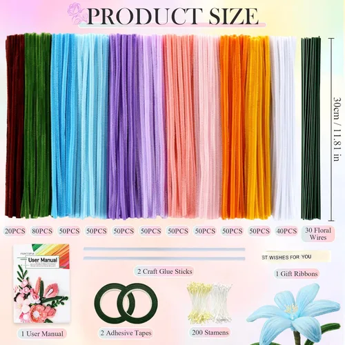 Vista 6 de Kit de Flores de Limpiapipas, 540 Piezas de Limpiapipas para Manualidades con Libro Guía de 15 Diseños, Kit para Hacer Flores con Tallos de Chenille