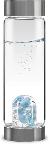 Vista 5 de VitaJuwel ViA AMERICAN DREAM Botella de agua de cristal con oro de 24k · Jaspe rojo · Ópalo blanco · Lapislázuli azul · Cuarzo transparente
