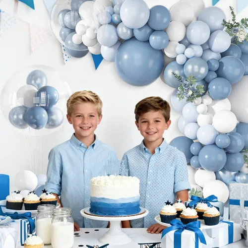 Vista 4 de Ouddy Life - Kit de guirnalda de arco de globos azul polvoriento, 152 piezas, diferentes tamaños Azul y blanco