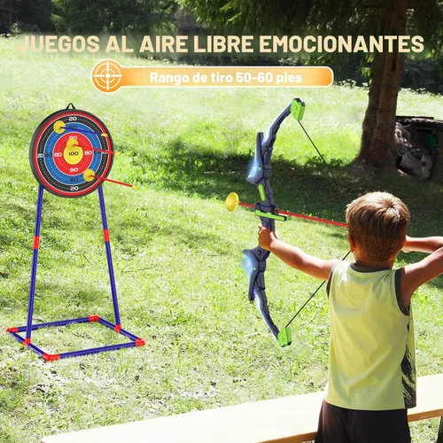 Vista 8 de Kmuxilal Paquete de 2 Arcos y Flechas para Niños con Luces LED Intermitentes, 14 Flechas con Ventosa y Diana de Pie Fluorescente - Juego de Tiro