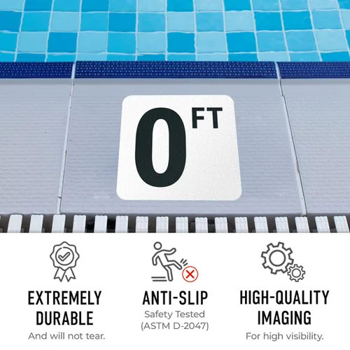 Vista 2 de Marcador adhesivo de vinilo de profundidad de piscina de 0 pies/cero pies, Marcador de piscina antideslizante de 6 x 6 pulgadas, fabricado