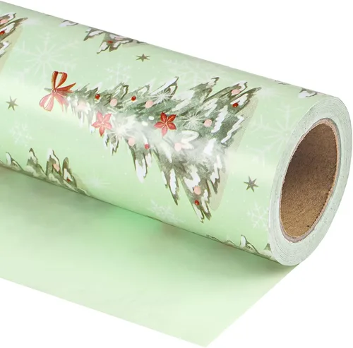 Vista 21 de WRAPAHOLIC - Papel de regalo de Navidad reversible, minirollo, 17 pulgadas x 33 pies, diseño de árbol de Navidad con letras “joy”, perfecto