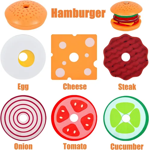 Vista 2 de Juguetes de hamburguesas de madera para apilar para niños, alimentos de juego Montessori para niños pequeños, juguetes educativos para niños de más